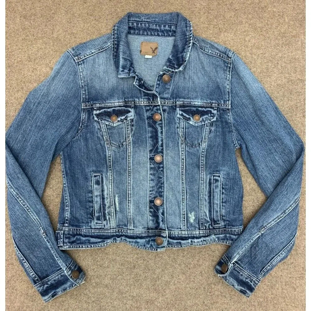 Vintage American Eagle Jacket Womens L Denim Trucker Type III Distressed Y2K - Picture 1 of 8